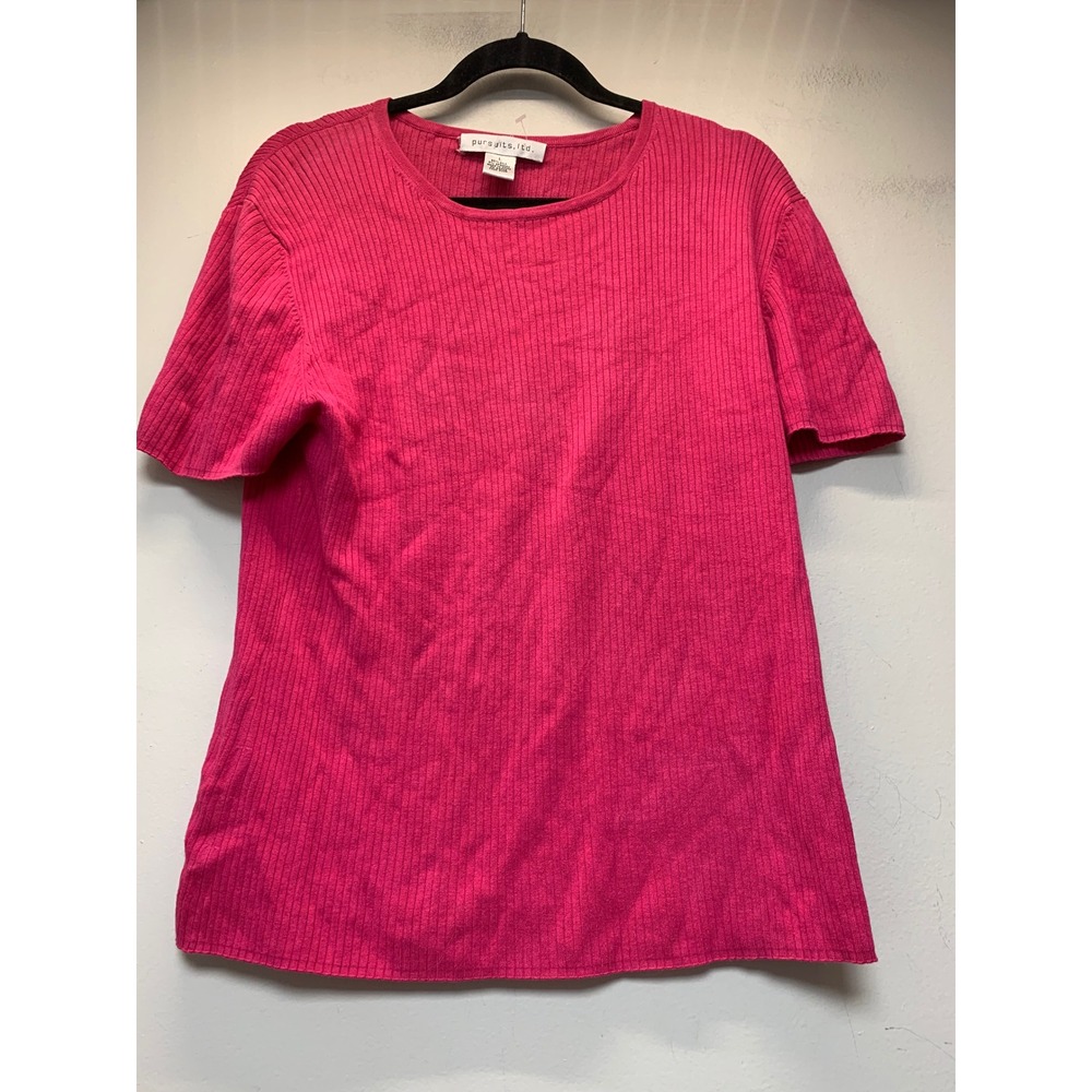Pursuits Ltd Silk Ribbed Knit Top Womens L Pink Excellent Short Sleeve Crew Neck